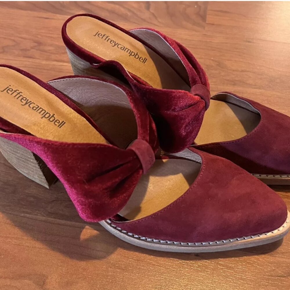 Jeffrey Campbell • Burgundy/Pink Velvet Stacked Heel Mules • 8